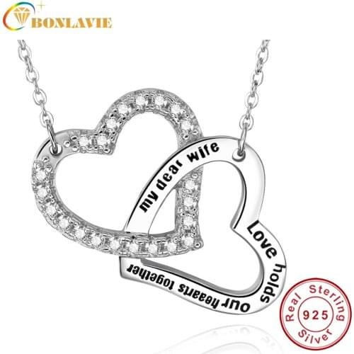 BONLAVIE 1 Piece My Dear Wife Love Holds Our Hearts Together Name Double Heart Pendant Necklace Fine Jewelry