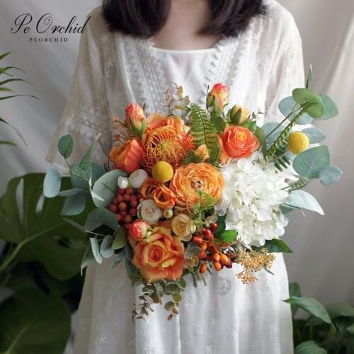 PEORCHID Orange Silk Flower Wedding Bouquets Bridal Summer/Fall 2019 Artificial Rose Hydrangea Bridesmaids Hand Holding Flowers
