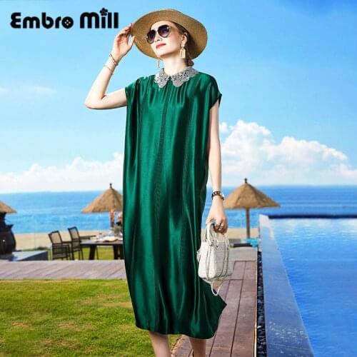 Silk Turn-Down Collar Dress Womens New Summer Street Style Loose Short-Sleeve Pocket + Belt A-line Dress S-XL