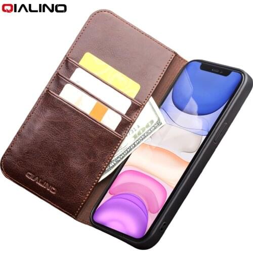 QIALINO Luxury Ultra Slim Handmade Case for iPhone12 Pro Max Genuine Leather Wallet Card Slot Bag Flip Cover for iPhone 12 mini