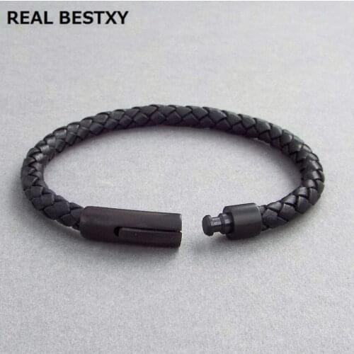REAL BESTXY Personalised Leather Message Bracelet with Black Tone Steel Clasp Wristband Men Jewelry Pulseira Braslet