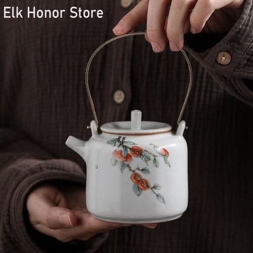 Retro Hand Painted Flower Fruit Art Ceramic Teapot Ru Kiln Pomegranate Copper Loop-handled Teapot Kung Fu Tea Teakettle Teaset