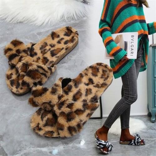 Women Summer Casual Fluffy Slippers With Fur Flat Non-Slip Cork Slides Fashion Sexy Leopard Zebra Pattern Sandals Big Size 36-43