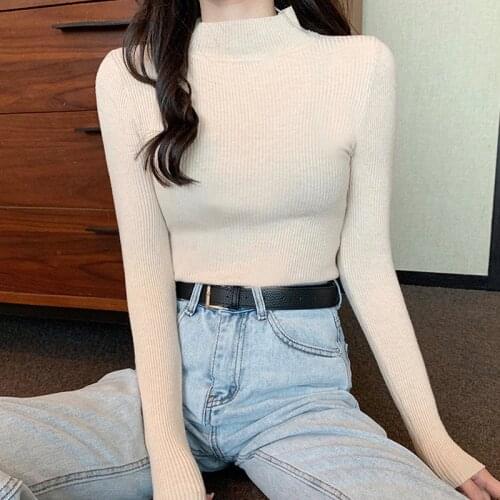 Womens Spring Autumn Thin Sweaters Long Sleeve Half Turtleneck Ladies Jumper Slim Solid Elastic Knitted Wear for Female