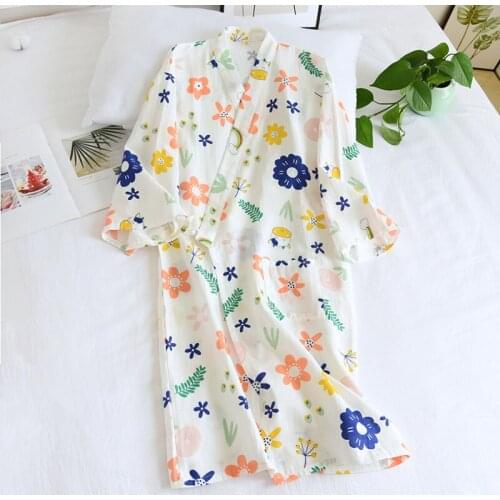 Summer Fashion Japanese Style Sleep Robe Women 100% Cotton Floral Printing Pajamas For Female V Neck Home Casual Nightgown White