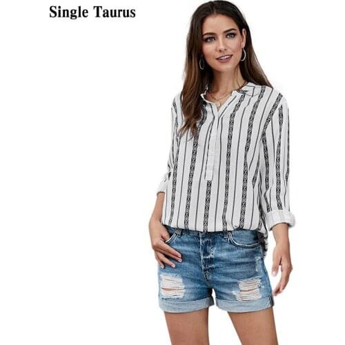 Stripe Print Chinese Style Shirt for Women Summer V Neck Loose Straight Long Sleeve Graphic Tee Tops Blusas Mujer De Moda Verano