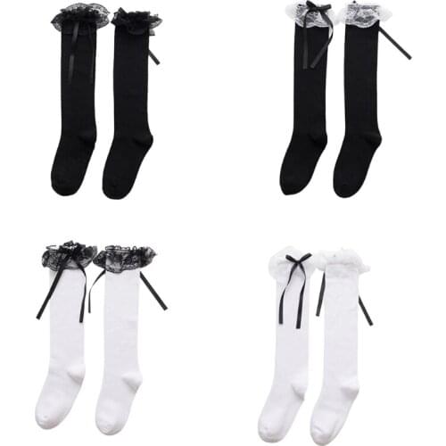 Women Girls Lolita Cotton Knee High Long Socks Sweet Ruffles Lace Trim Bowknot Japanese Kawaii Stockings Cosplay Hosiery