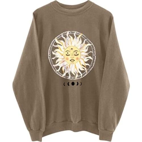 Women Long Sleeve Sweatshirt Vintage Sun Moon Graphic Oversized Loose Tunic Tops LX9E