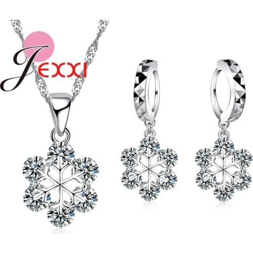 Romantic 925 Sterling Silver Jewelry Sets Fashion CZ Snowflake Shape Necklace Pendant Earrings Women Bijouterie