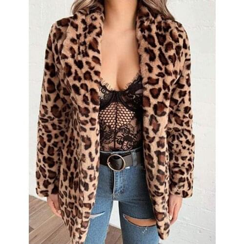 All-match lapel leopard print fur coat mid-length coat women