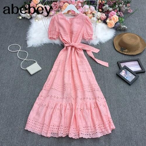 2021 New Summer Women Temperament All-match V-neck puff sleeve Dress waist slim hollow out solid Dress