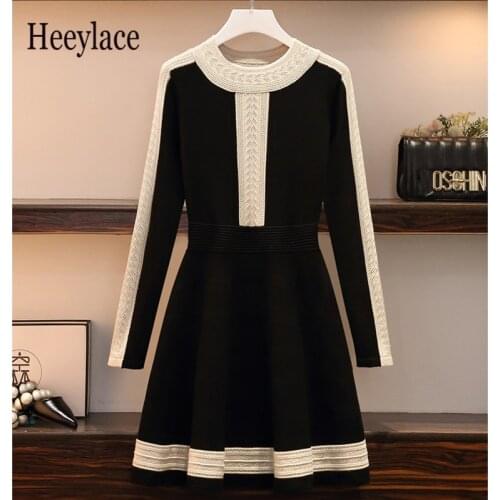 Plus Size Autumn Winter Vintage Chic Elegant Knit Hollow Link Flowers Dress Women Long Sleeve A Line Sweater Warm Dresses 4XL
