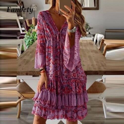 Vintage Floral Print V Neck Party Dress Women Double Ruffles A-Line Mini Dress 2021 Spring Autumn Long Sleeve Loose Lady Dresses