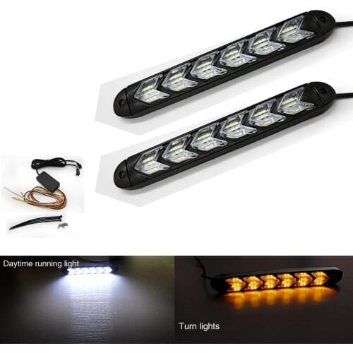 2x Car LED Daytime Running Lights Two-color Universal 6LED Light Strip Flowing Yellow Turn Signal White Lamp