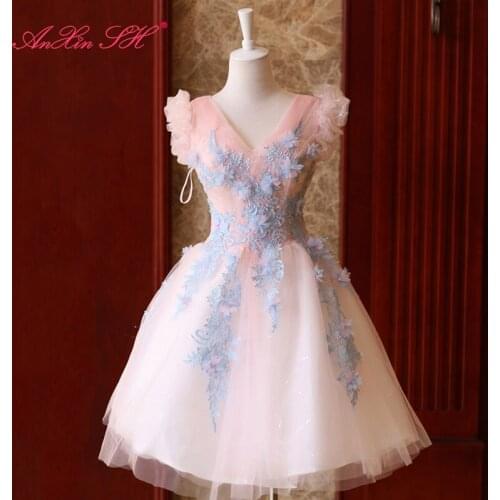 AXJFU beautiful age blue + soft pink flower bride evening dress Princess v neck flower pink lace evening dress 9719