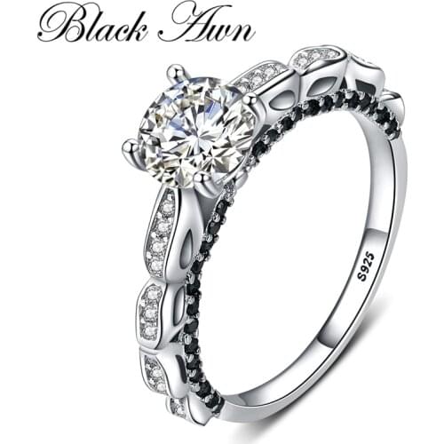 BLACK AWN 2020 Hot Fashion 925 Sterling Silver Fine Jewelry Engagement Black Spinel Round Engagement Ring for Women G096