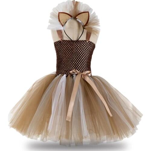 Wild Lion Mane Tutu Dress Brown Headwear Kids Girls Birthday Party Dress Children Halloween Cosplay Animal Dress Costumes 2-12y