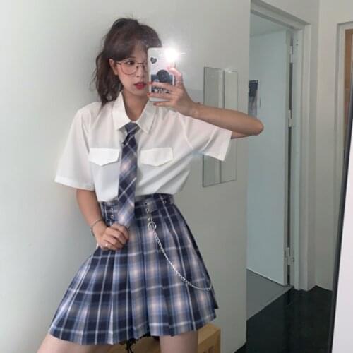 Korean uniform Short-Sleeved Shirt + High Waist Vintage Plaid Pleated JK Uniform Suit japanese fashion school girl skirt