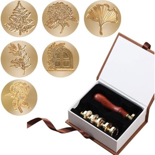 HOT Wax Seal Stamp Set 6PCS Botanical Sealing Wax Stamp Brass Heads 1PC Wooden Handle Sealing for Invitations Cards Envelopes