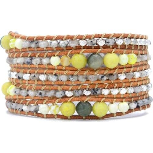 BOHO Beach Holiday New Natural Mix Size Stone Leather Wrap bracelet Dropshipping