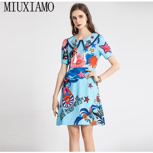 MIUXIMAO 2021 New Summer Fashion Pearl Pendant Print Abstract Pattern Waist Dress Slim Elegant Office Lady Style