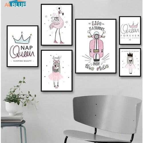Nordic Poster Kids Wall Art Canvas Painting For Girls Pink Cartoon Wall Pictures Girl For Baby Room Queen Quote Home Decoration