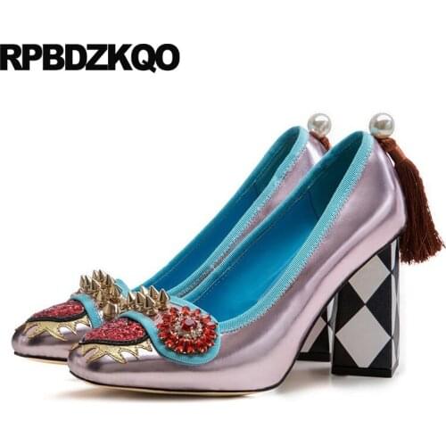 Rose Gold High Heels Chunky Spike Crystal Silver Rhinestone Pumps Women Fringe Stud Glitter Rivet Pearl Heart Square Toe Shoes