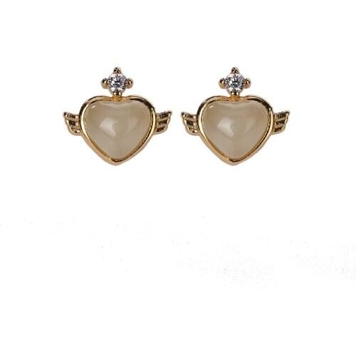 S925 sterling silver gold plated Hetian jade ear studs small and personalized simple all-match heart-shaped womens earrings