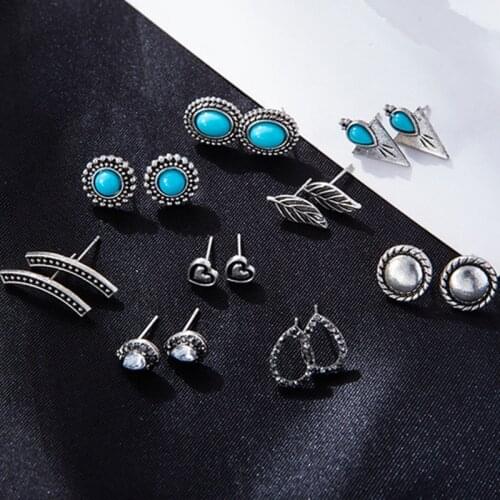 9 Pair Bohemian Fashion Retro Natural Stone Leaf Heart Stud Earrings for Women Jewelry Set Gifts