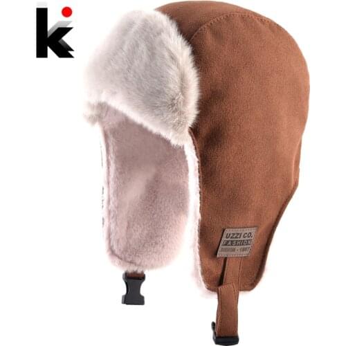 Bomber Hat With Earmuffs Faux Leather Trapper Earflap Hats Women Russia Winter Outdoor Windproof Snow Cap Men Faux Fur Warm Hat