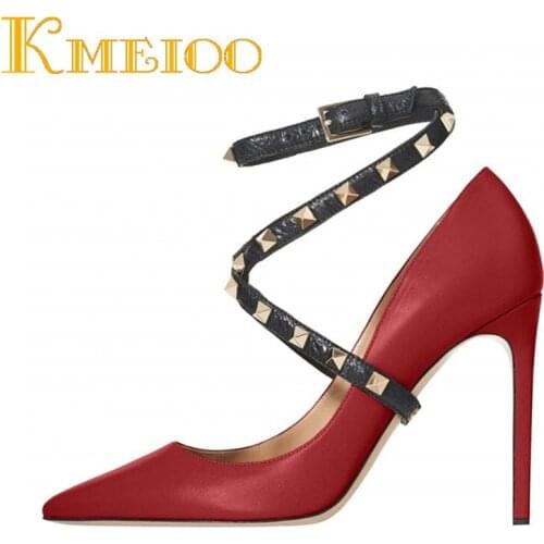 Kmeioo Women Shoes Rivets Pumps High Heels Pointed Toe Ankle Strap Dress Stiletto Party Wedding Shoes Summer Women Sexy Pumps