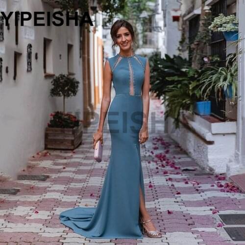 O-Neck Sleeveless Front High Split Evening Dresses Backless Sequined Beading Prom Party Gown vestidos de fiesta robes de soirée