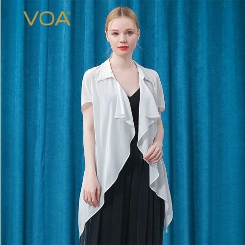 VOA Silk Crepe De Chine Lapel Short Sleeve Cardigan White Three-dimensional Decorative Cardigan Light Breathable Jacket BE608
