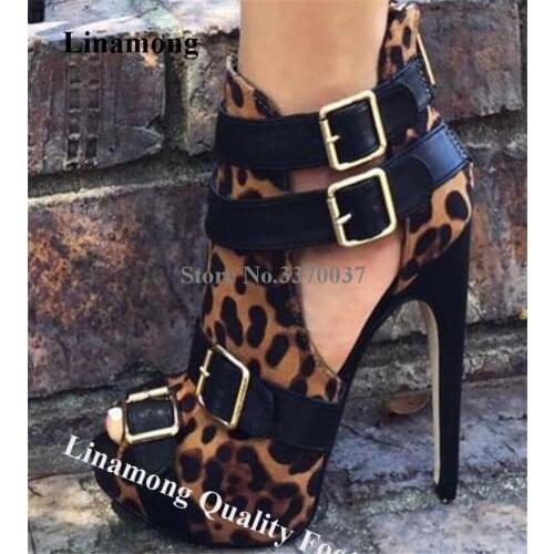 Linamong Western Fashion Leopard High Platform Stiletto Heel Pumps Suede Leather Buckles Straps Cut-out High Heels Dress Shoes