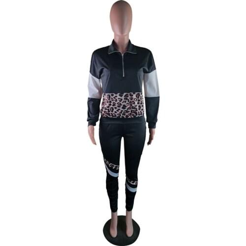 WomenS Tracksuit 2 Piece Set Pullover Pants Sports Suit Female Autumn Winter Sets Leopard Print Color Matching Sportswear