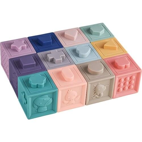 12PC Building Blocks Rubber Soft Toys Educational Baby Sensory 3D Embossed Grasp Vinyl Embossed Teether Squeeze Bath Toy Toddler