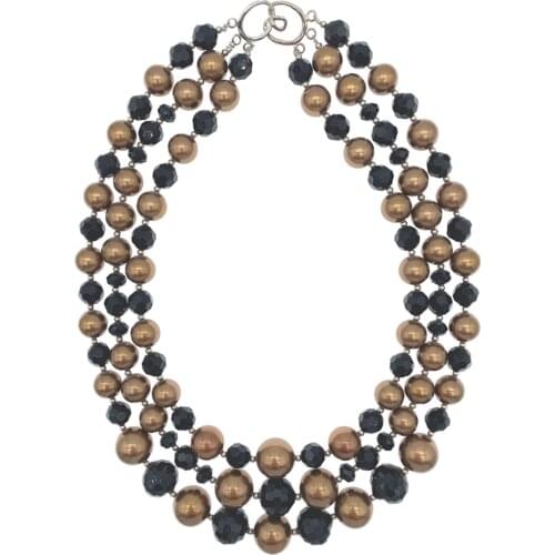 3 Strands Of Graduated Brown Shell Pearls Necklace with Faceted Cut Black Onyx Statement For Women Girls Gifts 18 Inch