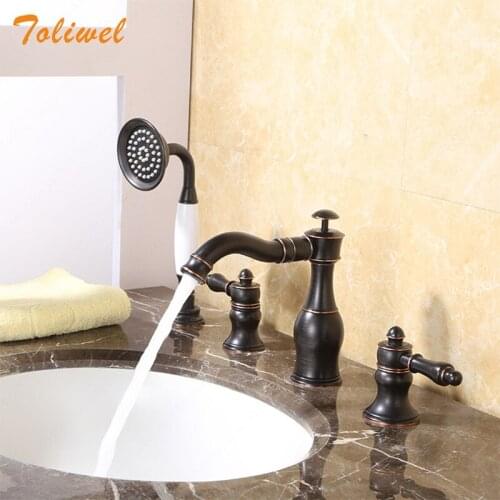4 PCS Brass Bathroom Faucet Four Holes Basin Sink faucet Bath Bathtub Faucet Mixer Taps Cold Hot Water tap with Hand Shower