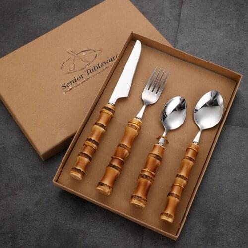 4PCS Steak Knife Cutlery Set Bamboo Handle Tableware Cake Dessert Spoon Stainless Steel Knife Fork Spoon GiftBox Dinnerware Set