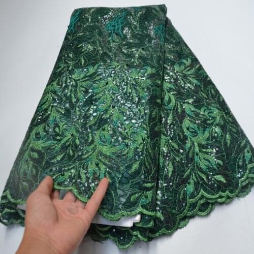 5yards/pc) High quality green African double net lace fashion French lace fabric with sequins and beads for party dress FLP254