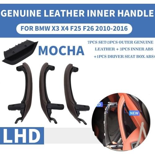 7PCS/set LHD Mocha Genuine Leather Car Front Rear Left / Right Interior Door Handle Panel Pull Trim Cover For BMW X3 X4 F25 F26