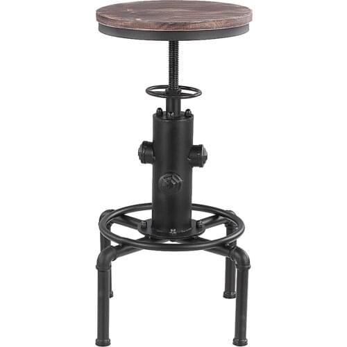 IKayaa Metal Bar Stool Industrial Kitchen Chair Height Adjustable Swivel Pinewood Top Home Dining Chair Pipe Barstool Footrest