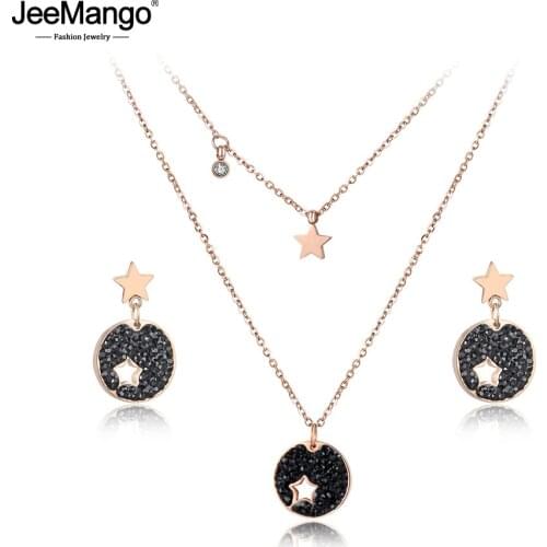 JeeMango Trendy CZ Crystal Star Choker Necklaces Earrings Jewelry Sets For Girls Pave Setting Rhinestone Stainless Steel JSE012