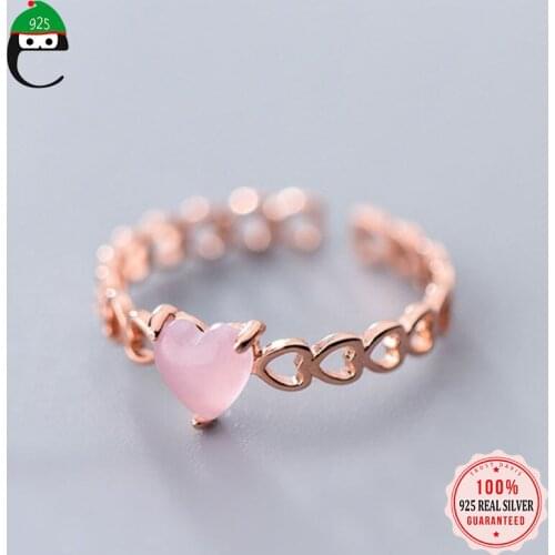 ElfoPlataSi Real 925 Sterling Silver Romantic Synthesis Coloured Glaze Pink Heart Opening Ring For Women Fashion Jewelry DD735