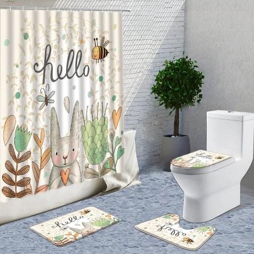 Cartoons Animal Shower Curtain Set Cute Rabbit And Plant Bathroom Curtain Set Non-Slip Flannel Carpet Bath Things For Home