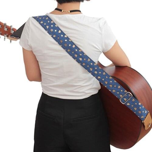Cute Girls Adjustable Cotton Guitar Strap with Leather Ends for Acoustic Electric Guitar Bass Strap Heart Pattern Accessories