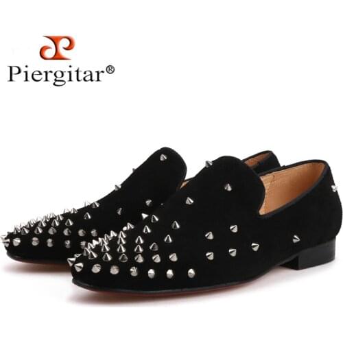 Handmade men black Cow Suede shoes with silver spikes Fashion brand CL same designs men loafers red bottom mens flats plus size