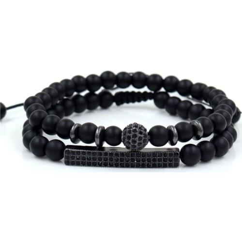 2Pcs/Set Of Natural Stone Bracelet 6mm Mens Bracelet Geometric Pavé CZ Spherical Bracelet Classic Matte Black Jewelry Gift
