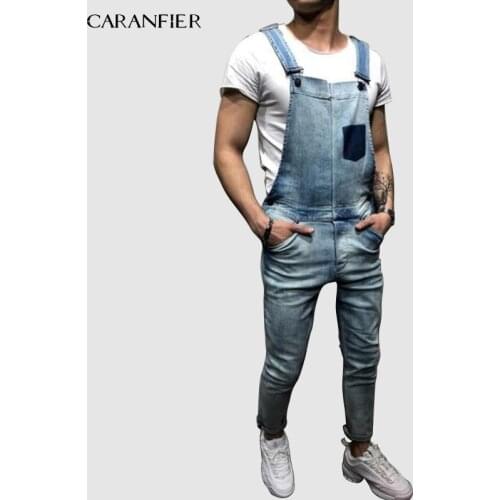 CARANFIER Mens Jeans Old Denim Overalls Loose Casual Comfortable Straight Long Paragraph Nine Points Siamese Strap Hole New