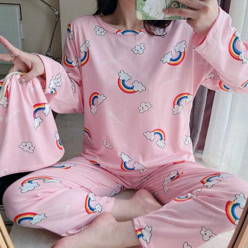 New Listing 2021 Autumn Sleep Lounge Pajama Long Sleeve Top + Pant Woman Home Wear Set Leisure Pyjamas Cute Sleepwear Women Pjs
